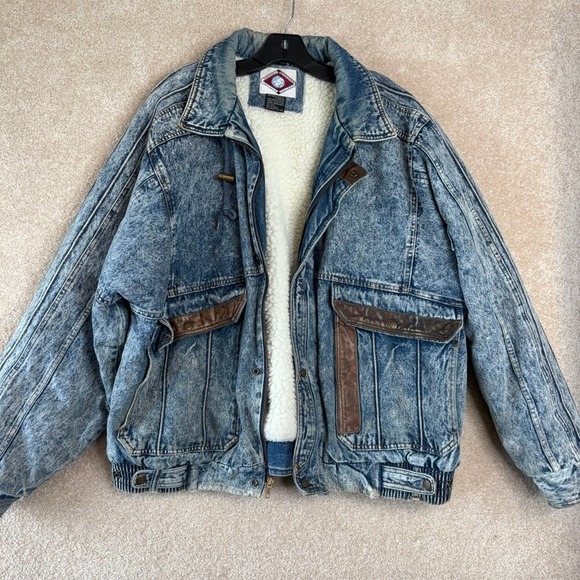 VINTAGE 80s Acid Wash Denim Bomber‎ Jacket Mens Size XL Fleece Lined Distressed